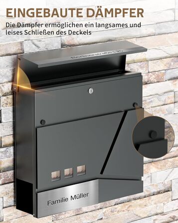 Поштовий ящик Anthrazit з нержавіючої сталі з відділенням для газет (37x37x10 см), персоналізований з табличкою для імені, стійкий до погодних умов, наклейки проти небажаної реклами, настінний поштовий ящик