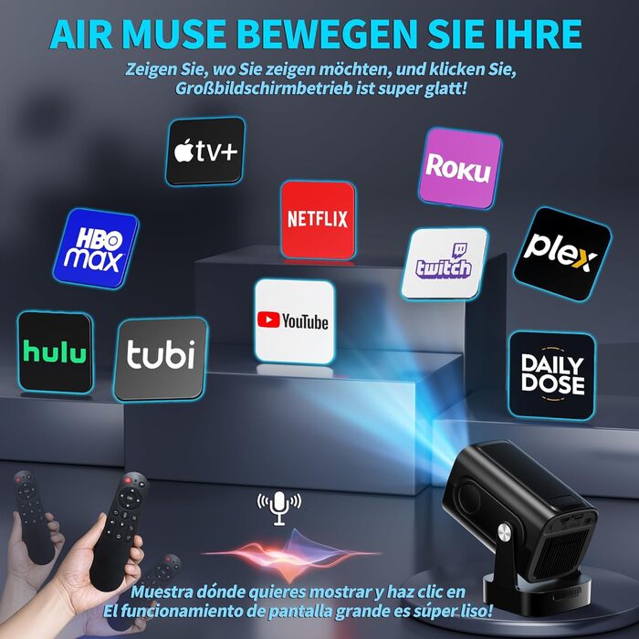 4K проєктор Beamer Full HD 1080P Android, портативний міні-проєктор з Wi-Fi 6 та Bluetooth 5.2, поворотний на 270°, для PC/HDMI/USB, з мишею та пультом, білий (чорний матовий)