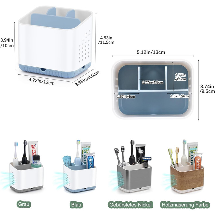 Тримач для зубних щіток електричних, органайзер для ванної кімнати, великий, антиковзний, з регульованими перегородками (синій, білий)
