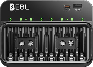 Зарядний пристрій EBL для акумуляторів AA, AAA, 9V, сумісний з NI-MH, USB-C PD3.0 та Micro USB, швидка зарядка