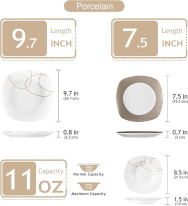 VEWEET Набір посуду 'Нікіта' з порцеляни, 24 частини | Сервіз включає миски, десертні тарілки, тарілки для їжі та супові тарілки | Посуд для 4-12 осіб