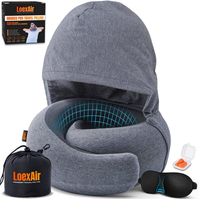 Подушка для шиї у літак, автомобіль - 100% бавовна & Memory Foam. Легка, зручна, повний набір для подорожей (маска для сну, беруші) - (Світло-сірий, Hooded Pro)