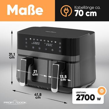 Фритюрниця ProfiCook з подвійними камерами, 9 літрів | Без олії | Airfryer | PC FR 1295 H