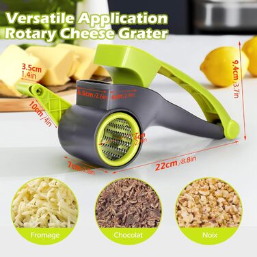 Ручна тертка для овочів 3-в-1 з нержавіючої сталі, Mandoline, терка для сиру з ручкою та 3 змінні леза, для салату, горіхів, фруктів, піци, зелені (терка для сиру сірого кольору)