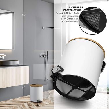 Смітник для косметики VMbathrooms з педаллю та бамбуковою кришкою, Soft-Close, 5 л, білий — для ванної кімнати та туалету