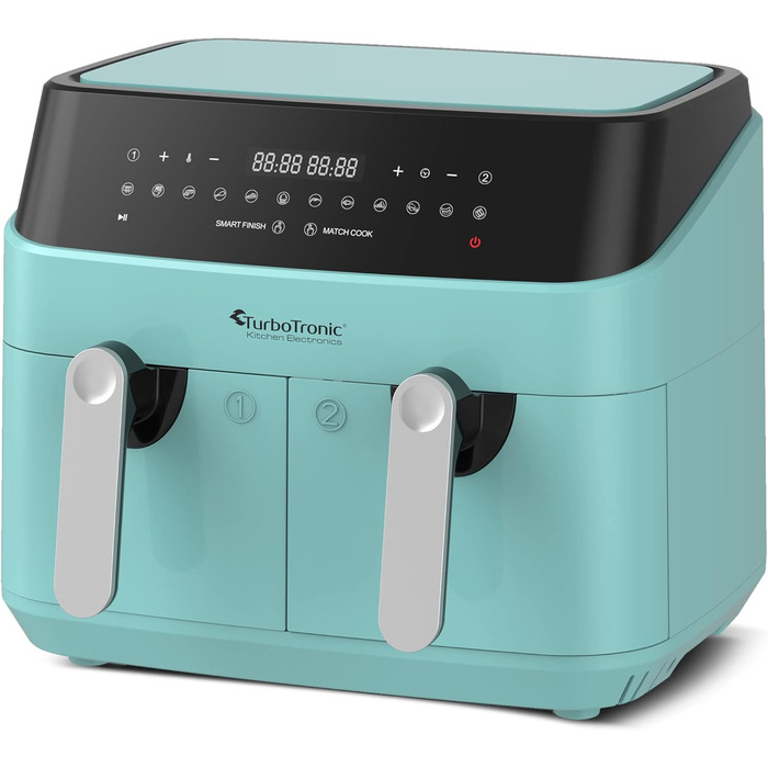 TurboTronic Подвійна цифрова аерофритюрниця XXL 9 л, 12 програм, подвійна камера 2×4,5 л, фритюрниця без олії, синя