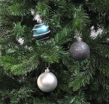 Набір ялинкових кулі 6 см (64 шт.) з пластикової коробки, безпечні, 60 мм, Petrol-silver