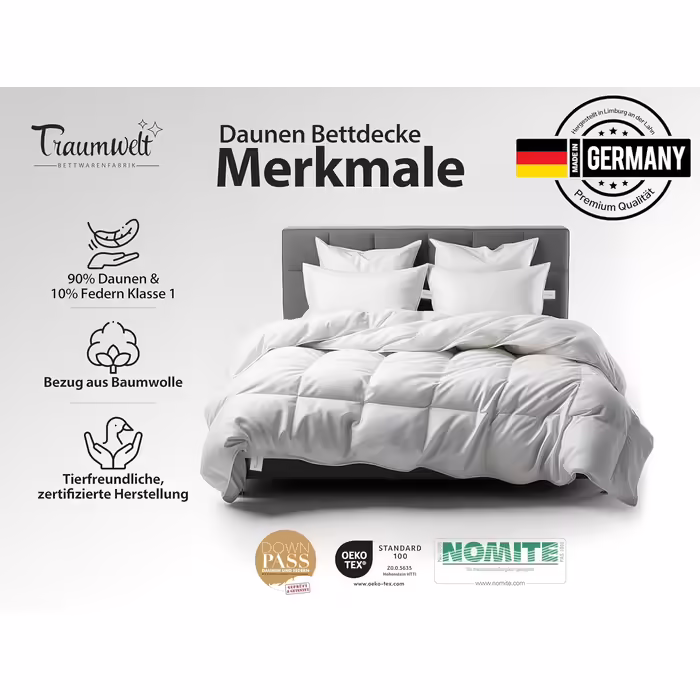 Dreamworld Nature Down Comforter Made in Germany, 135x200 cm, made of 90% down and 10% feathers, winter duvet, suitable for allergy sufferers (nomite), Öko-Tex 100 Class 1 certified, Downpass 135 x 200 cm winter duvet