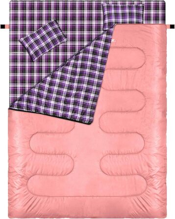 Сплячий мішок Outdoor Sportneer для 2 осіб: двомісний спальний мішок для відпочинку на природі, 3 сезони, 220x150 см, 2.75 кг з 2 подушками, дорослий ковдровий спальник для сім'ї (без фланелевої підкладки) (Рожевий)