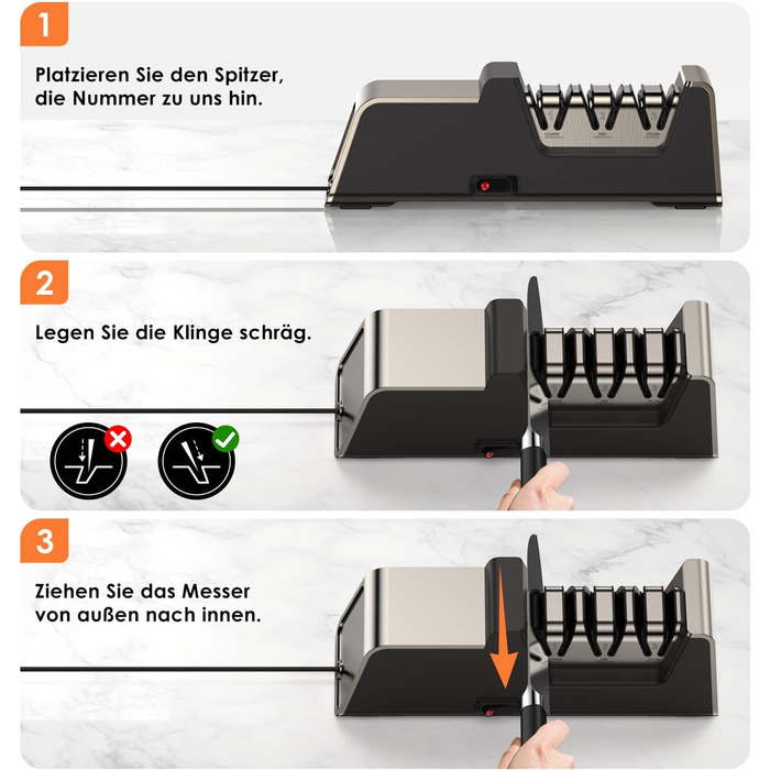 Professional electric knife sharpener with 100% diamond abrasive and precision angle guides. Suitable for double-bevel and serrated knives. Quickly achieves razor-sharp results.