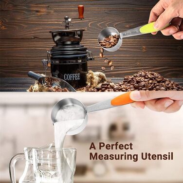 Набір мірних ложок Xingxinrong з нержавіючої сталі (5 мірних ложок + 1 ложка) з силіконовою ручкою, з гравіюванням шкали (US та міжнародна), придатний для миття в посудомийній машині, для приготування та випічки, кухонний аксесуар