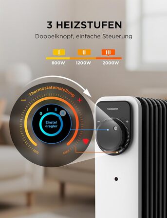 Електричний масляний радіатор Midea 2000W з 9 ребрами, термостатом та захистом від перегріву, 3 режими нагріву, тихий, для дому та офісу