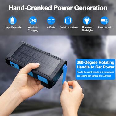Сонячний Power Bank 26800 mAh з ручкою та 4 кабелями, USB-C, 7 виходів, 4 входи, для телефону, Outdoor, водонепроникний, зовнішній акумулятор для кемпінгу (Синій)