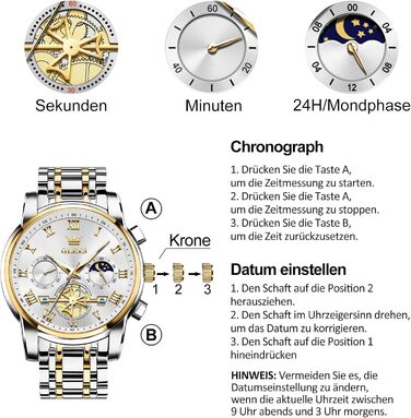 Годинник чоловічий OLEVS B1 з хронографом, водонепроникний, кварцовий, стильний, біле циферблат, золотисто-сріблястий браслет