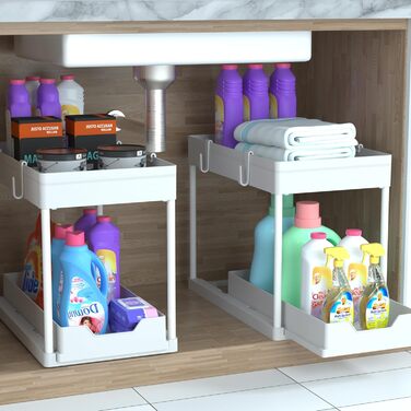 DEKAVA Kitchen Organizer, 2 Under Sink Shelf, Closet Kitchen Organizer with 4 Hooks, Closet Basket for Kitchen, Bathroom, Cleaning Supplies, Detergent (White/Opulent Garden)