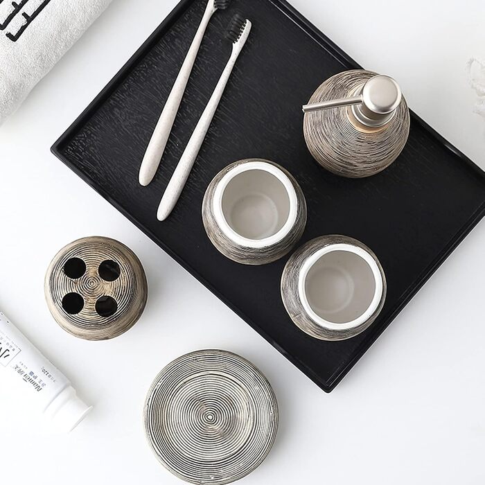 Набір аксесуарів для ванної кімнати Tauzveok з кераміки, 6 предметів: дозатор мила, тримач для зубних щіток, мильниця, стаканчик та підставка. Колір: коричневий.