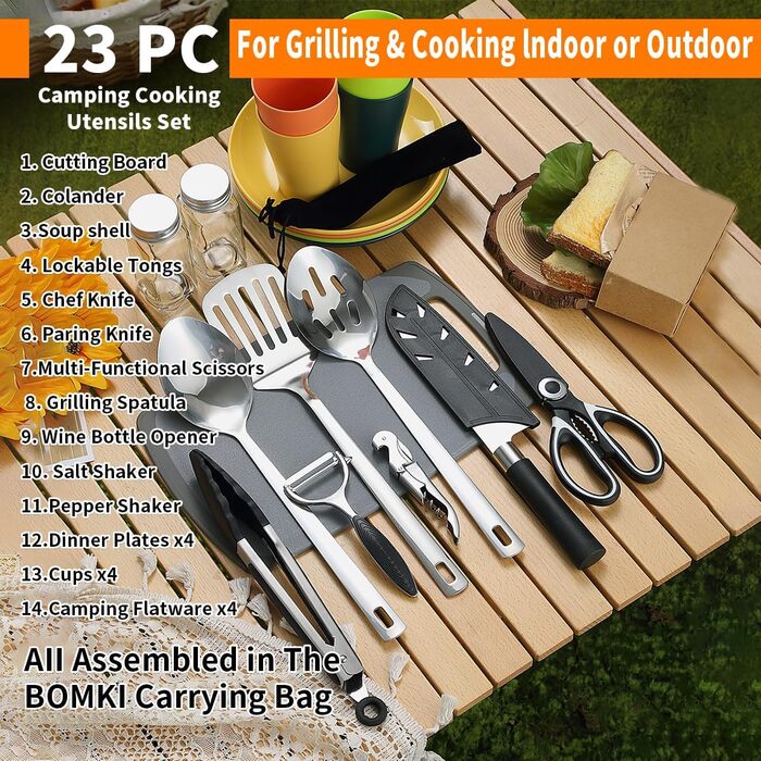 Berglander Camping Essentials, Camping Cookware Utensil Set, Camping Accessories Gear Must-Haves, come with camping cutlery sets, plates, and cups, ideal for outdoor stoves, picnics, and grilling.