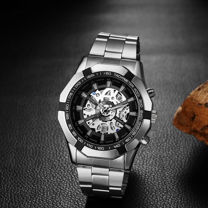 Чоловічий годинник з датою, свідодіодами, 3ATM, водонепроникний, з імітацією механічного, з нержавіючої сталі, аналоговий кварц, з календарем, тахіметром, з підсвічуванням стрілок, подарунок для чоловіків, срібний