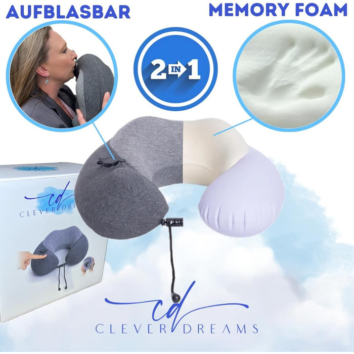 Clever Dreams Neck Pillow Airplane Travel Pillow Inflatable 2 in 1 with Memory Foam Foam Neck Pillow Car Travel Pillow Inflatable Neck Support for Adults Breathable and Adjustable