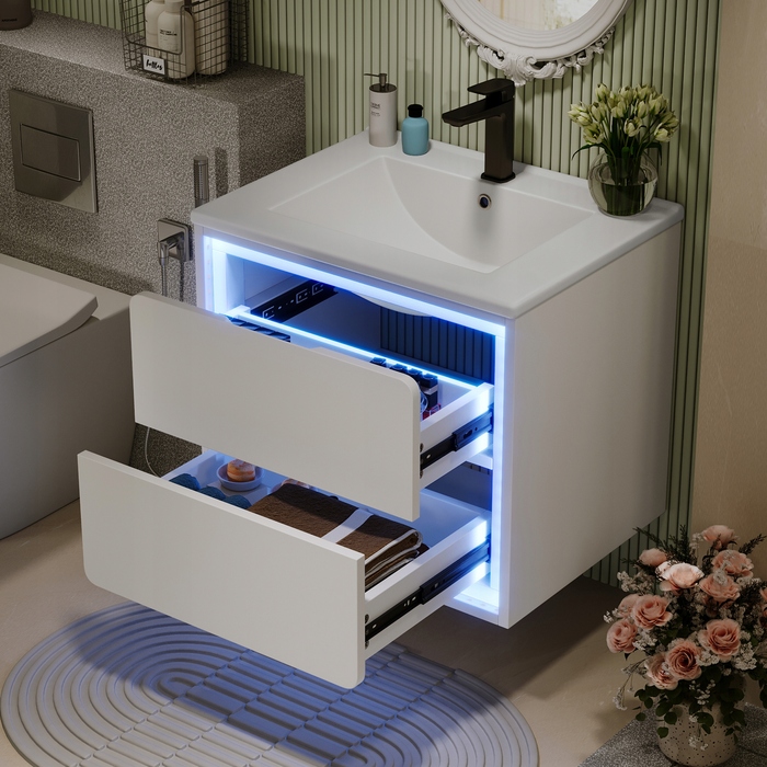Підвісна шафа у ванну кімнату з LED-підсвіткою та висувними шухлядами з дотягувачами
