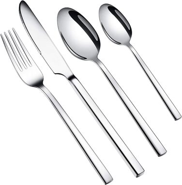 WUJO Cutlery Set, Stainless Steel Cutlery, 16-Piece Silver Cutlery Set including Knife, Fork, Spoon, Teaspoon, Dining Set for 4 People, Mirror Polished, Dishwasher Safe
