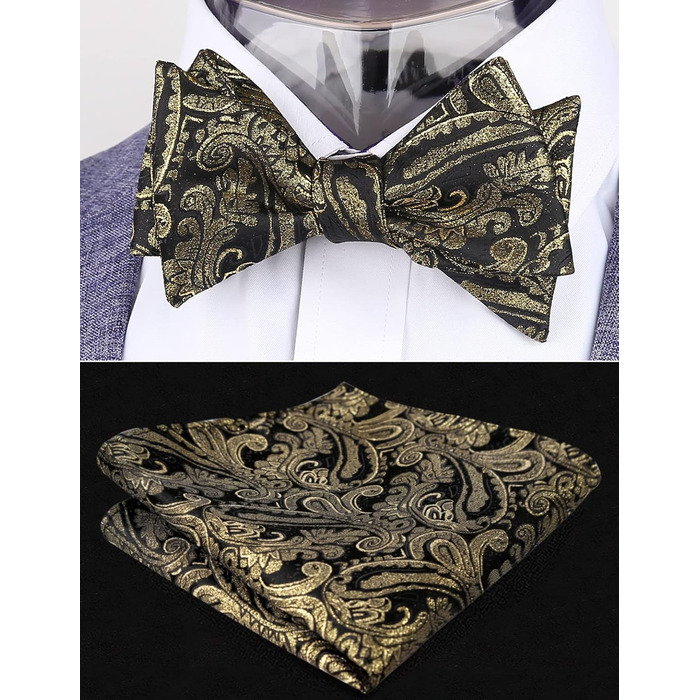 Чоловіча краватка-метелик Alizeal Retro Paisley з хустинкою, чорний+золотий, універсальний розмір