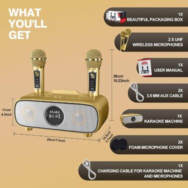 Караоке машина DLARA Upgrade з Bluetooth, USB, TF-карта, AUX, 2 UHF мікрофона та PA-системою (синій, Gold Pro)