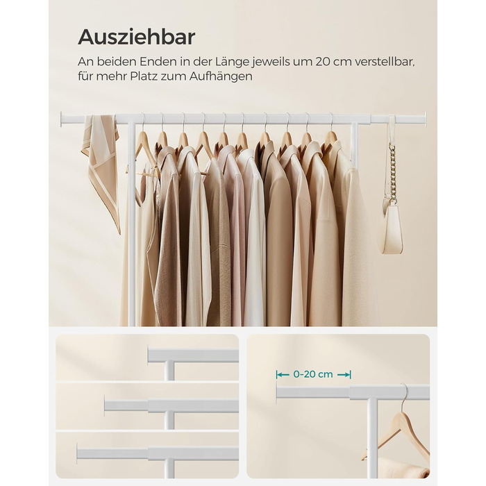 SONGMICS Вішалка для одягу на колесах, важкий, висувна штанга, до 100 кг, білий HSR013W01