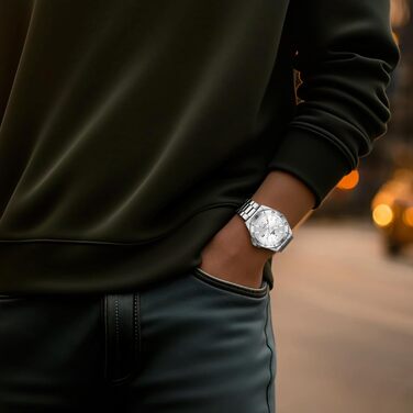 Годинник чоловічий LN LENQIN з нержавіючої сталі, водонепроникний, з датою, кварцовий, аналоговий, білий (сріблястий)