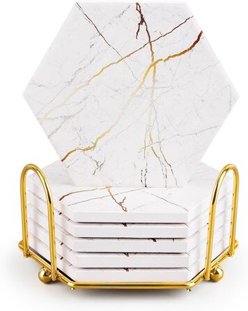 Marble-Style Coasters, Set of 6 - Drink Coasters for Wood Table with Metal Holder - Gold-Colored Ceramic Cup Set - Rustic Home Decor, Room Decor, Party (Luxury White Gold Marble 05)