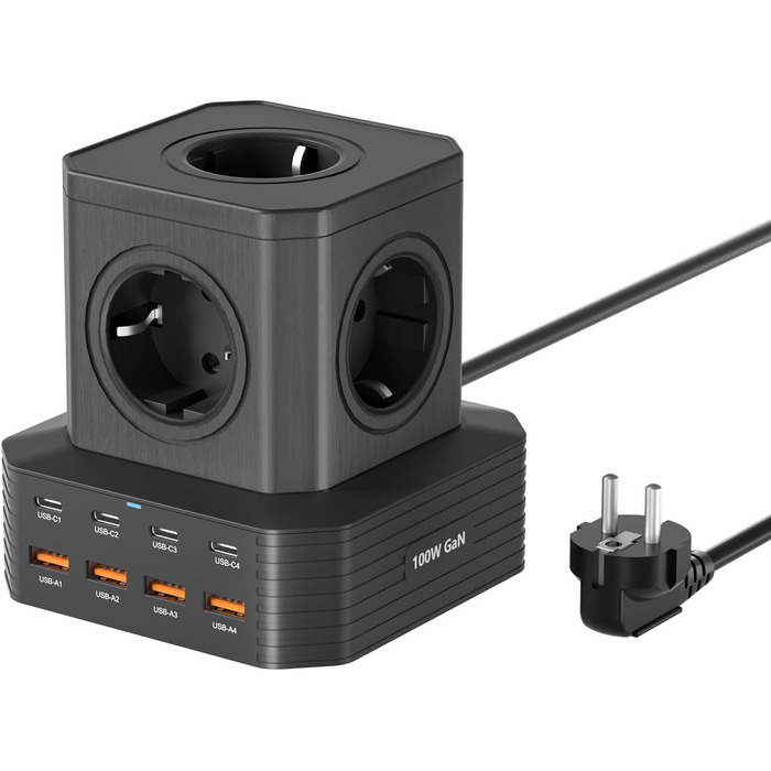 Мережевий фільтр з USB-портами Power Tower - зарядний станція для дому, офісу та студентів. 5 розеток AC, 8 USB (4 USB-C), 2м кабелю, захист від перевантаження