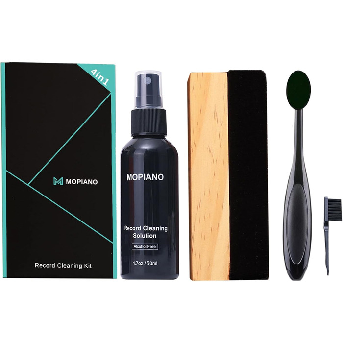 Набір для чищення вінілових платівок Mopiano: повний 4-в-1 очищувач для платівок, з м'якою замшевою щіткою, рідиною для чищення LP, щіткою для картриджів та нейлоновою щіткою