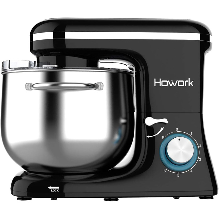 Кухонна машина Howork Knetmaschine: потужна 1500W, 8L, нахильна чаша, 6 швидкостей, міксер, гак для тіста, сплітштор, чорний