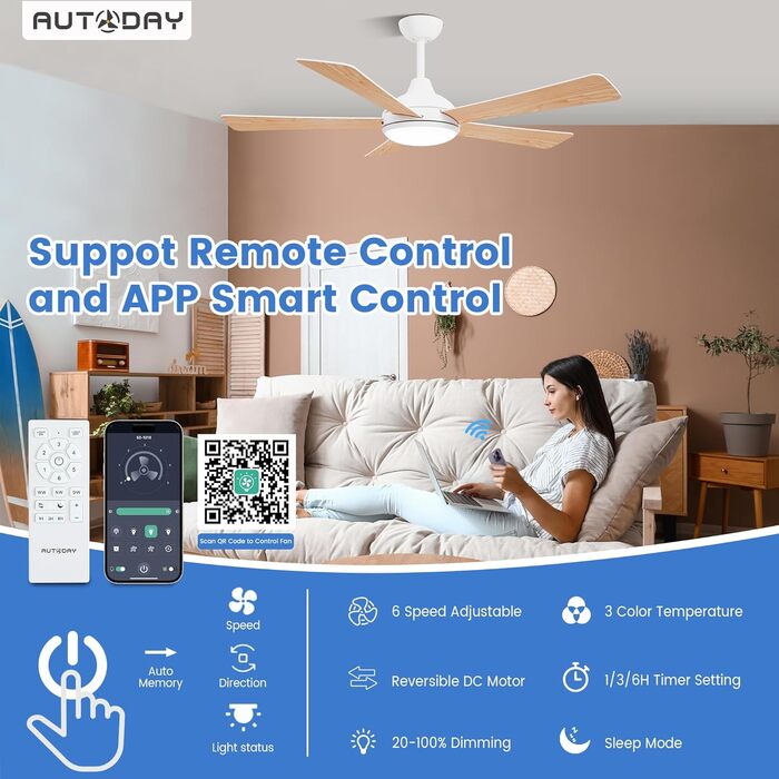 Стеляний вентилятор Holz з підсвічуванням, регулюванням яскравості LED 24W, тихий DC-двигун 38W, діаметр 132 см, з пультом дистанційного керування, таймером, 6 швидкостей (білий та світле дерево)