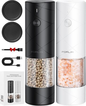 FORLIM Salt and Pepper Grinder Electric, USB Rechargeable Pepper Grinder with LED, with Adjustable Ceramic Grinder Spice Grinder, Lower Noise, 7 Levels of Thickness Adjustable, 2 Pack (Black+White)