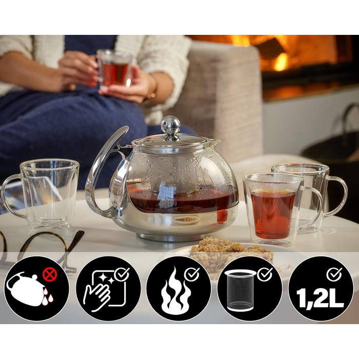 Скляний чайник MONZANA з вийманим ситом з нержавіючої сталі, термостійке боросилікатне скло, 1.2 л