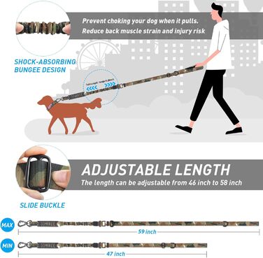 Міцна собача повідок-рулетка, камуфляжна військова повідок з автофіксатором для великих собак до 68 кг, 1,8 м, амортизуюча, з подвійним руків'ям, тактична повідок для собак