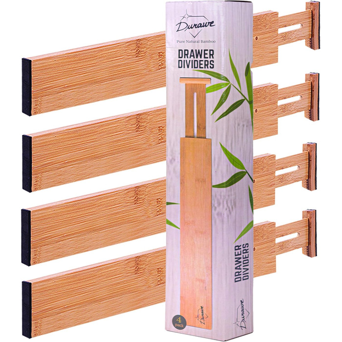 Bamboo Drawer Dividers for Kitchen - Organizational Set of 4 - Spring-Loaded Adjustable & Expandable Drawer Organization