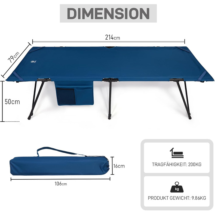 Розкладне ліжко для кемпінгу EVER ADVANCED XXL, 214 x 79 x 50 см, 200 кг, з кишенею, стабільне та портативне для відпочинку на природі та вдома (Блакитний)