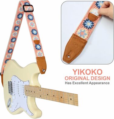 Гітарний ремінь 5,1 см з бавовняного друку, квітковий принт, з повним шкіряним кінцем, для бас-гітари, електрогітари та акустичної гітари, безкоштовна кнопка для ремінця, фіксатори ремінця та медіатори. Жовті ромашки (Рожеві ромашки)