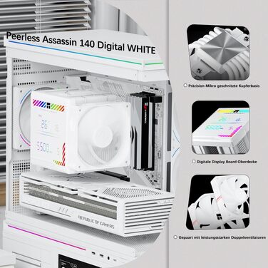 Кулер для процесора Thermalright Peerless Assassin 140 Digital White, двовежевий, 6 теплових трубок, 2 PWM вентилятори, з цифровим дисплеєм, для AM5, Intel LGA1851/1700, білий