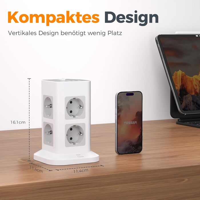Розподільник розеток TESSAN з 8 розеток, 2 USB-C, захистом від перенапруги, 4 USB, вимикачем та кабелем 2м (сірий/білий)