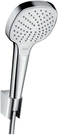 Hansgrohe Croma Select E Showerhead including showerhead holder, 3 spray patterns, White/Chrome, Set with 1.60m shower hose