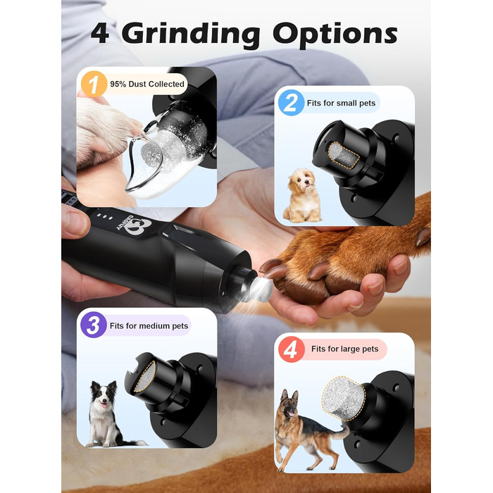 Електричний точило для собачих кігтів Casfuy - 6 ступенів, тихе, з LED-підсвіткою та збирачем пилу, 4.8V, для великих собак (чорний)