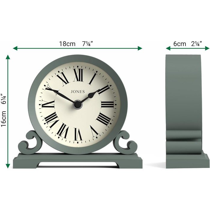 JONES CLOCKS® Saloon Table Clock | Traditional Double-Scroll Design | | Roman Numerals | Classic style for desk, table, shelf, or nightstand. (Green)
