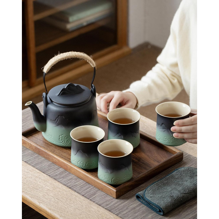 ZENS Design Japanese Teapot, 1000ml Gradient Embossed Japanese Teapot Ceramic with Built-in Strainer and Hemp Rope Handle for Loose Tea Steeper, Gift for Tea Lovers, Black & Bean Green (Black & Bean Green, 1000ml Teapot & 4 of 200ml Cups)