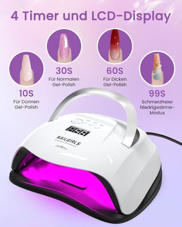 LED UV лампа для нігтів NAILGIRLS 150W з таймером, автосенсором та LCD дисплеєм. Підходить для гелевих нігтів пальців та ніг. Знімний магнітний майданчик.