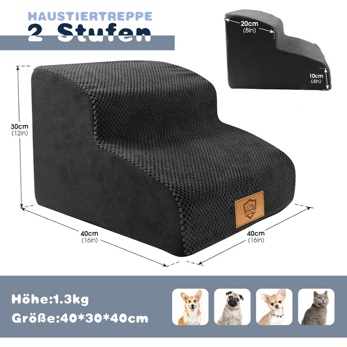 2-Step Dog Stairs, 40cm Cat Stairs with Washable Cover, Dog Stairs for Small Dogs, Pet Stairs for Dogs and Cats, Cat Stairs for Senior Cats, Black