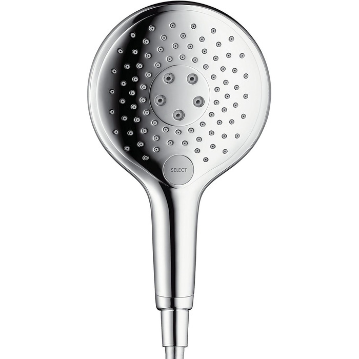 Hansgrohe Raindance Select S - Showerhead, Hand Shower with 3 Spray Patterns, Shower Head, Showerhead with Anti-Limescale Function, White/Chrome, 26530400 (Chrome, 3 Spray Patterns with Water-Saving Function, Bundle with Shower Hose)