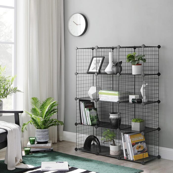 SONGMICS Grid Panel Storage Rack, Shelving System, Cube Storage, Set of 12 Cubes, for Shoes, Books, Living Room, Bedroom, Expandable, 31 x 93 x 123 cm, White LPI34W (Black)